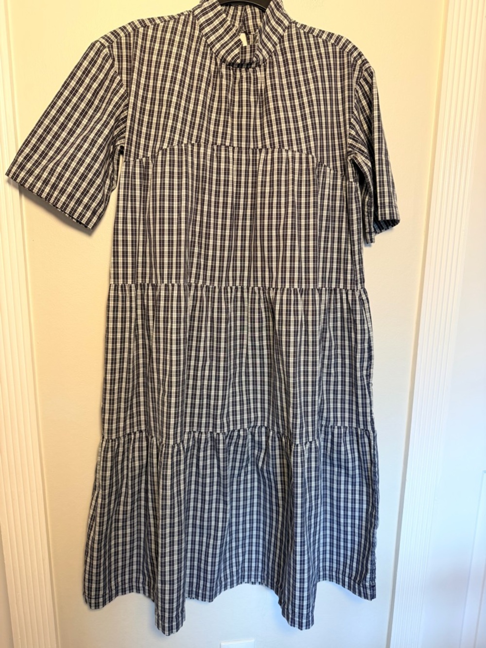 Everlane The Tiered Mock Neck Midi Cotton Checks Dress - Size Small - Picture 3 of 8